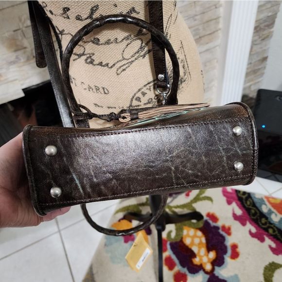 Patricia Nash Paris Satchel Tooled Turquoise Brown Leather P018133 New - Picture 9 of 16